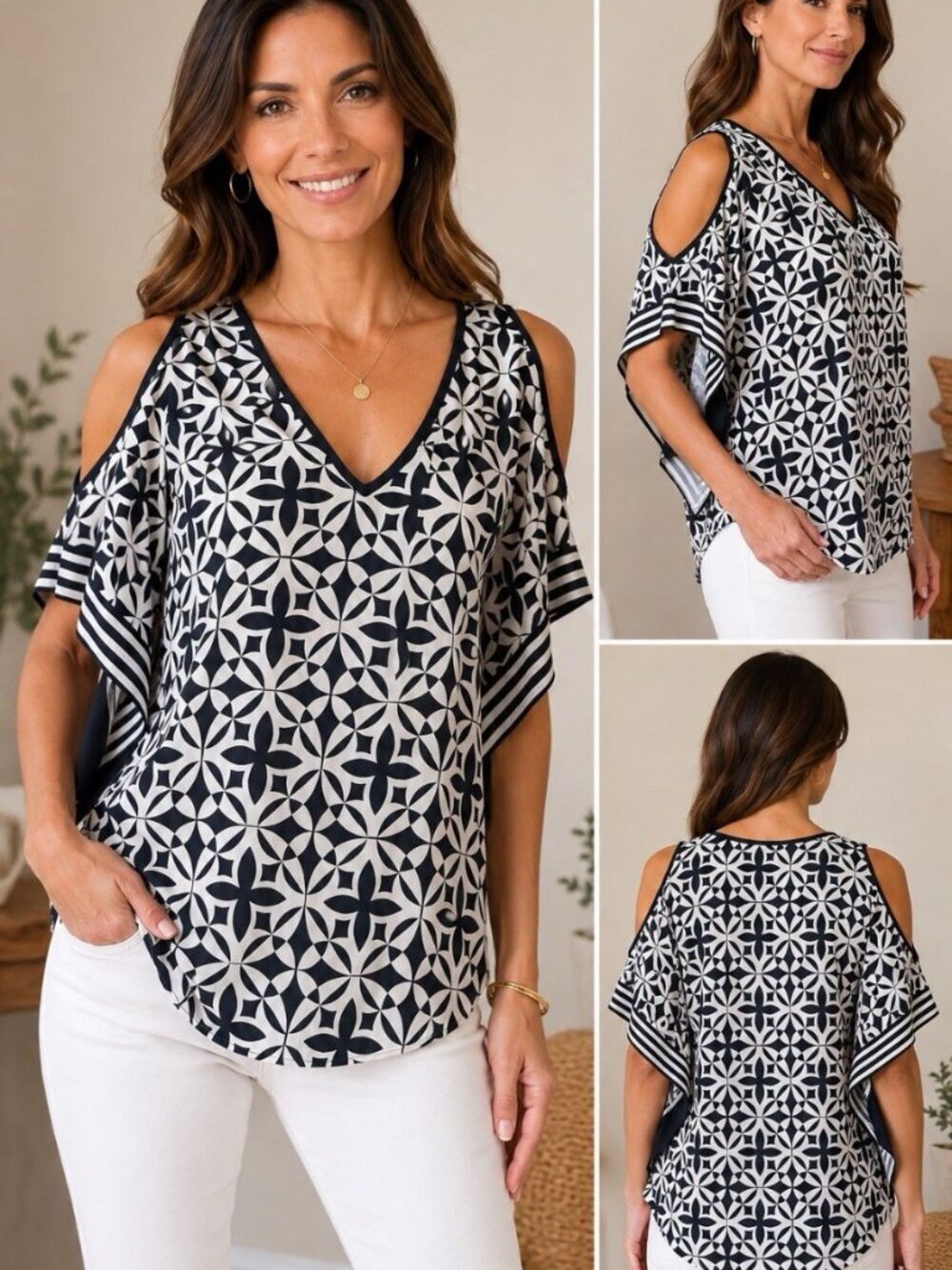 Trina Turk 100% Silk Cold Shoulder Geometric Black White Top XS (sz P) Flowy